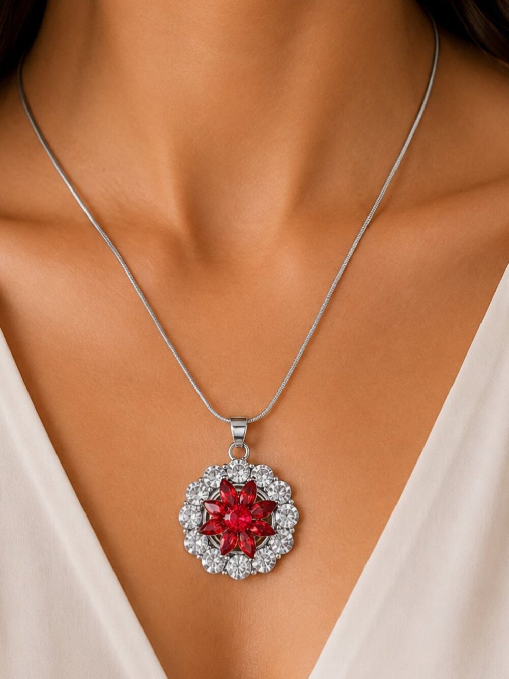 Silver Rhinestone Halo Snap Necklace Ruby Red Rhinestone Flower Snap